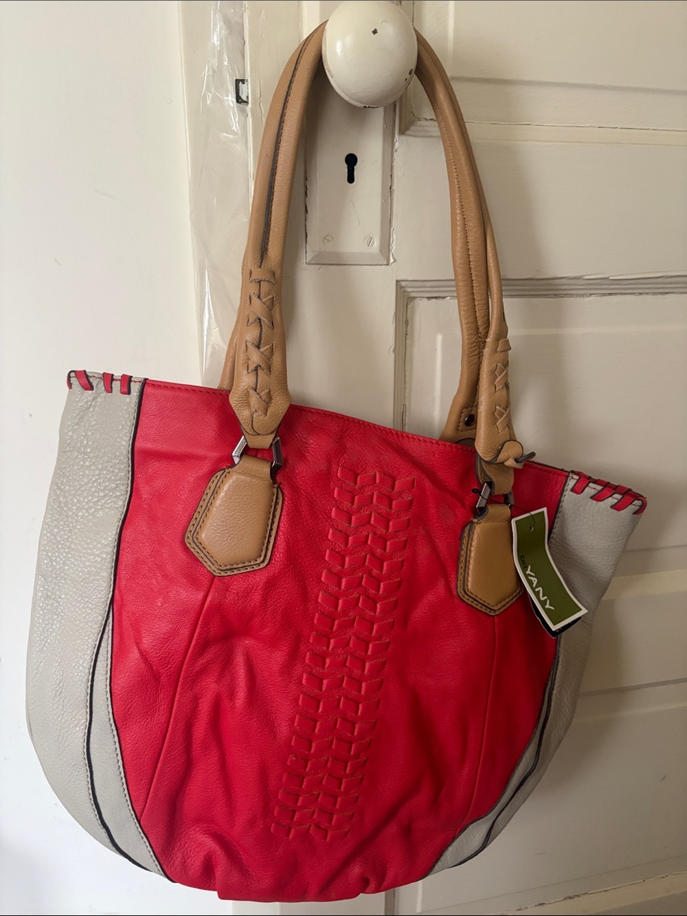 orYANY Red and Cream Tote with Tan Braided Handles